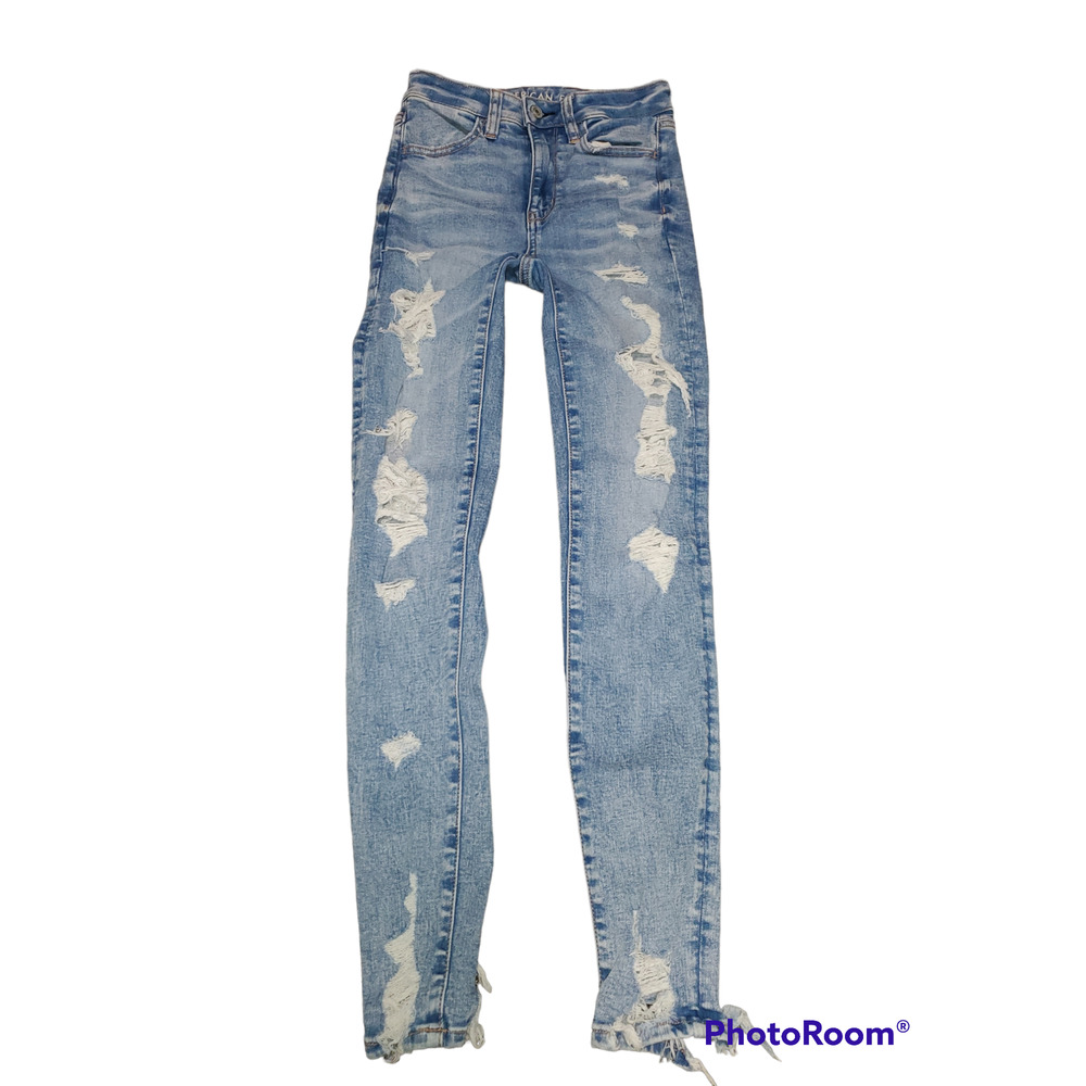 American Eagle 00R Super Hi Rise Jegging Light wash distressed destroyed next
